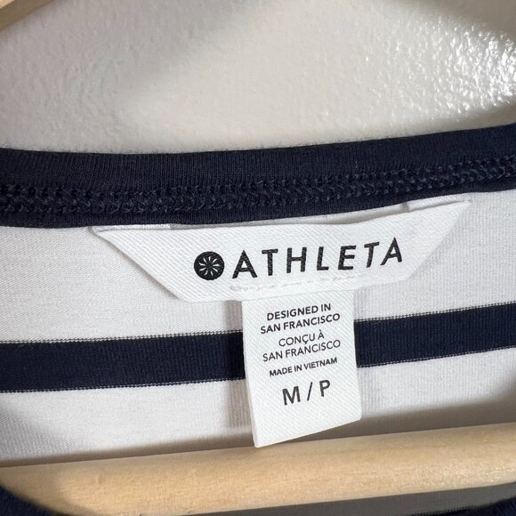 Athleta Essential Tee Dress Size Medium Petite Blue Stripe Minimal Casual Comfy - Picture 3 of 9